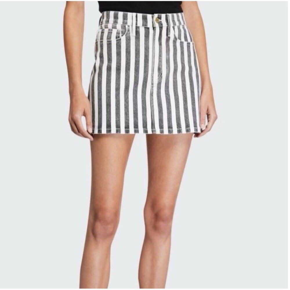 NEW Frame Le Mini Beatnik Stripe Denim Skirt in Noir Multi Gray Pockets Size 23
